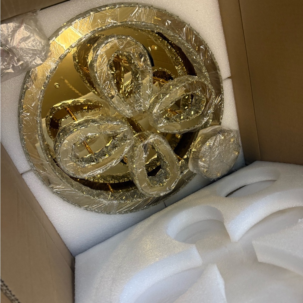 (NEW) Modern Gold Flush Crystal Flush Mount Ceiling Chandelier - 20”x10” - Picture 5 of 11